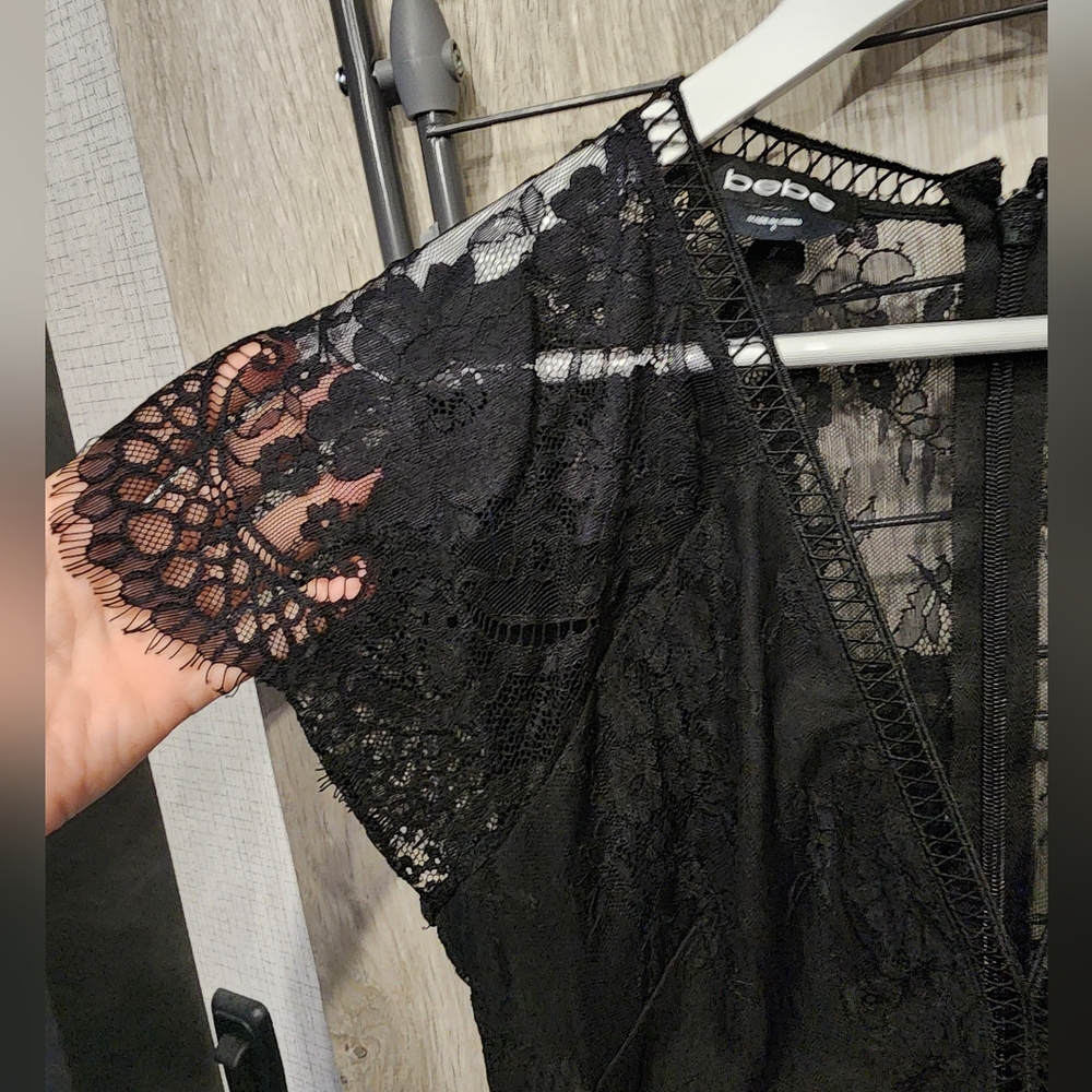 Bebe Lace Black Romper 8 Sheer Back Crochet Trim - Picture 10 of 11